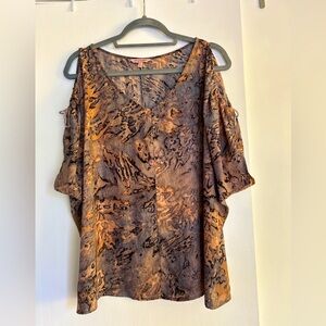 Juicy Couture Open Shoulder Boxy Taupe Pinkish Marble Short Sleeve Blouse, L